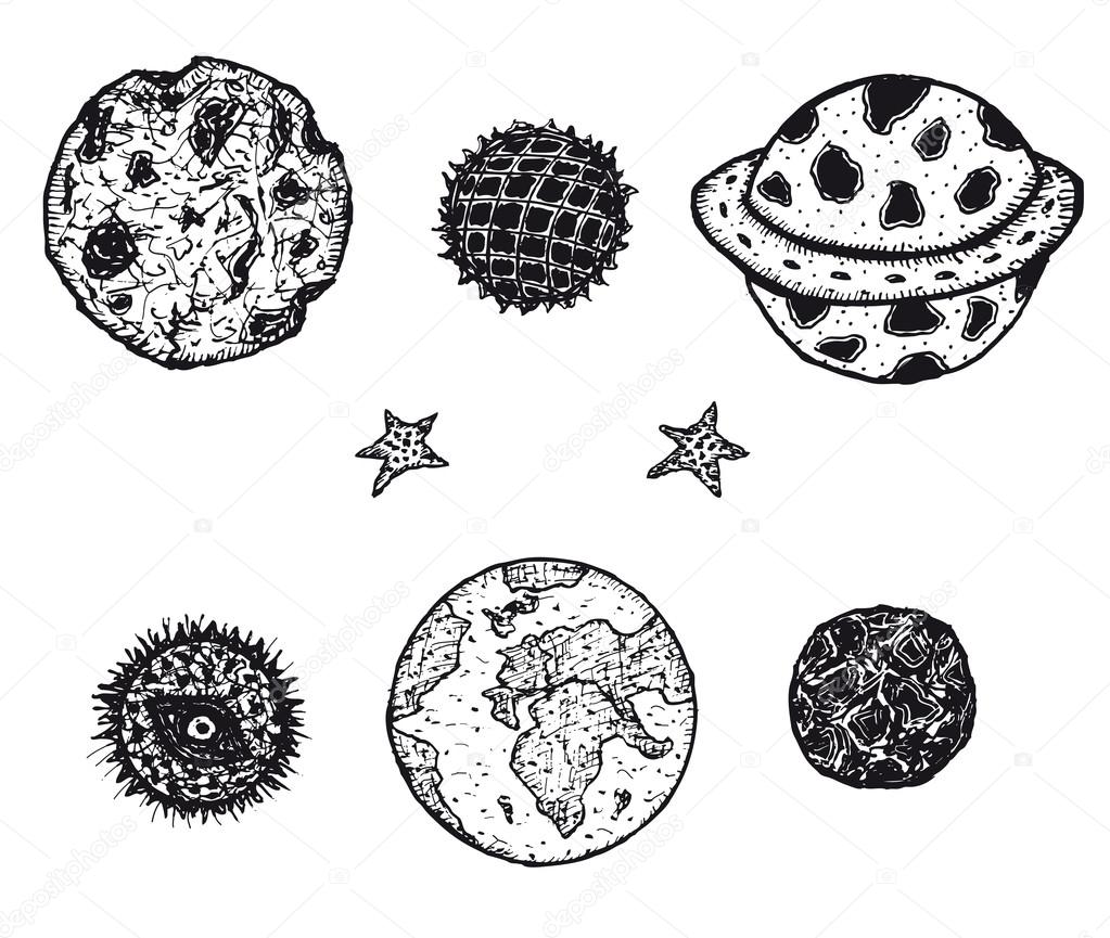 Hand drawn planets and space asteroids set