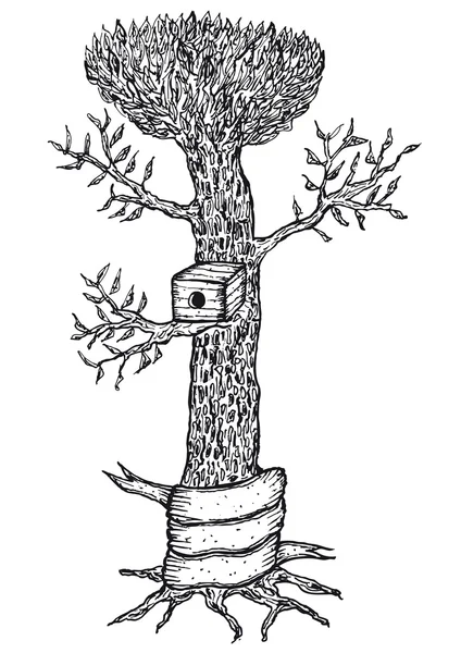 Рука намальована пташиний будинок на дереві з порожнім банером — стоковий вектор
