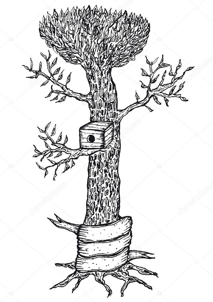 Hand drawn bird house in a tree with blank banner