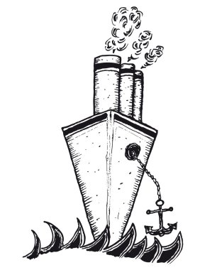 El büyük tekne yelken dalgaları aracılığıyla çekilmiş.