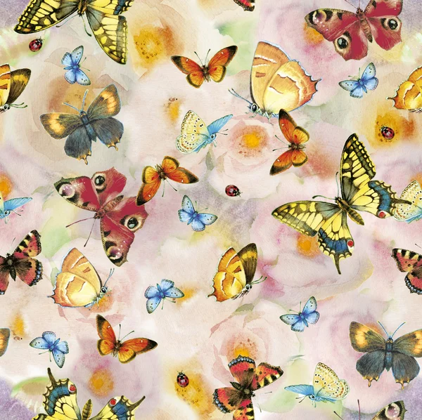 Roses and butterfly pattern watercolor — Stock Photo, Image