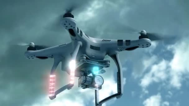 Drohne fliegt am Himmel und scannt mit feuchten Hologrammlinien — Stockvideo