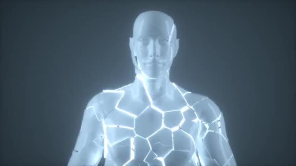 Розбитий робот зі спотвореним штучним інтелектом йде до камери — стокове відео