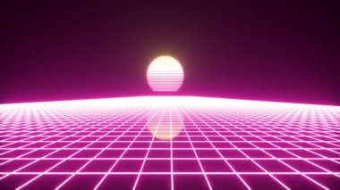 synthwave telgraf ağı ve yıldızlar 80 'lerin Retro Futurism Arka planı 4K