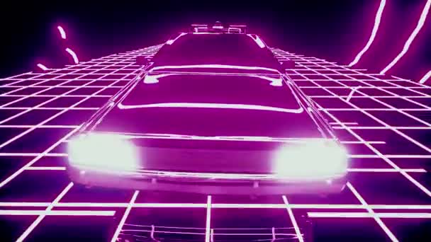 Retro futurystyczny napęd w stylu lat 80-tych w neonowym samochodzie 4K — Wideo stockowe