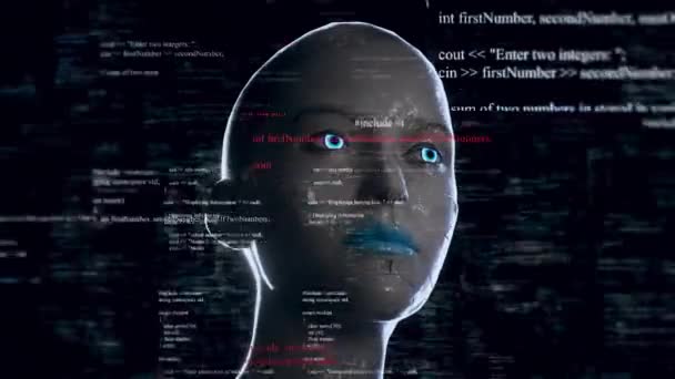 Robot androide umanoide con i codici di programmazione di lettura di intelligenza artificiale 4K — Video Stock