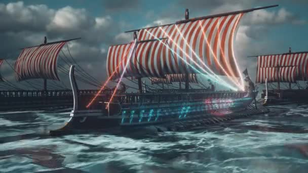 Trireme Antik Yunan ve Roma savaş gemileri deniz 4k — Stok video