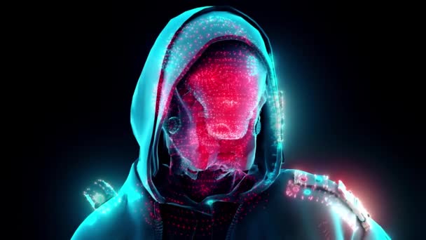 Hacker numérique avec sweat à capuche et masque futuriste 4k — Video