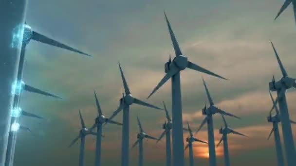 Wind Turbines with digital particles 4k — Stock Video