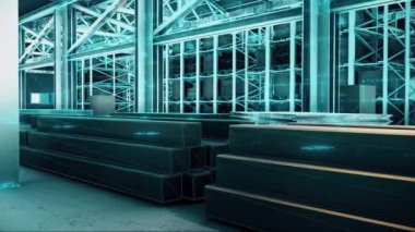 İçi hologram 4k kutularıyla dolu bir depo.