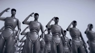 Birkaç modern robot asker izole edilmiş gelecek teknolojisini selamlıyor.