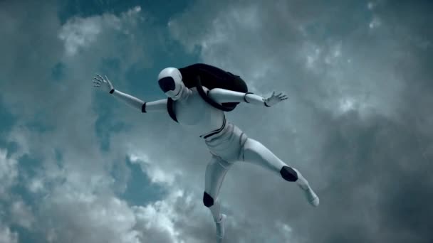 Un robot cyborg autónomo paracaidista está volando sobre nubes blancas 4k — Vídeo de stock