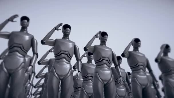 Quelques robots modernes soldats debout et saluant isolé Technologie future — Video