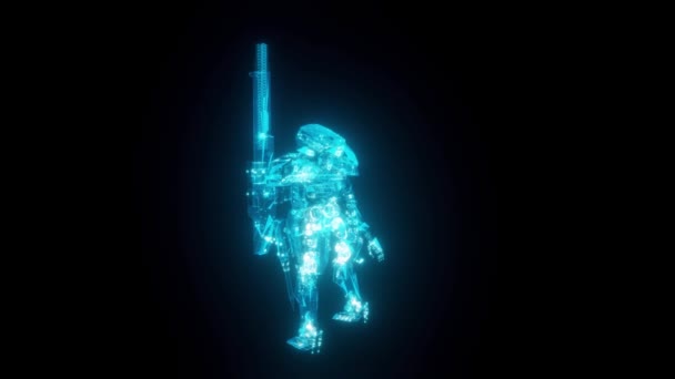 Futuristic robot senapan mesin menara wireframe skema 3d render dengan garis biru — Stok Video