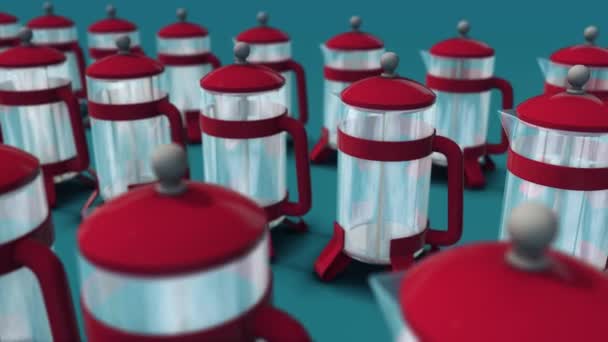 Französische Druckmaschinen mit roten Details in einer Reihe auf blauem Hintergrund 4k — Stockvideo