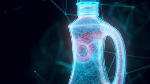 Hane kimyasalları, saplı ve eğri uçlu plastik şişeler hologramı kapat — Stok video
