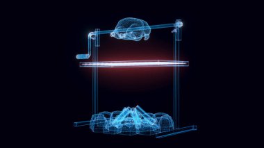 Yakacak odun ızgarasıyla ateşte kızartılmış tavuk etinin üç boyutlu bir çizimi. 