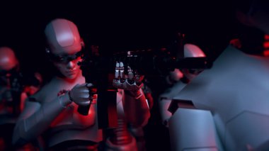 3D, Kırmızı Alarm Işıklarında Yapay Zeka ile Modern Siber Robotlar Ordusu 'nun resimlerini yaptı.