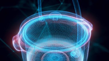 3 boyutlu paslanmaz çelik tencere hologramı. Yaklaş.