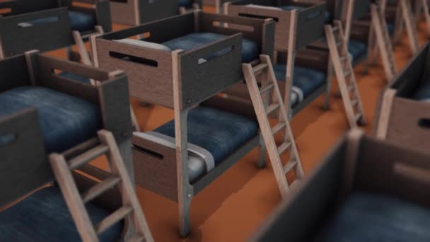 Много двухъярусных кроватей подряд 4K — стоковое видео