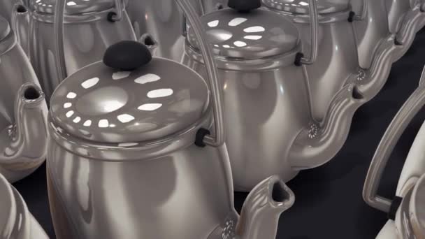 Flera vintage stora aluminium te kruka vattenkokare topp i rad 4k — Stockvideo