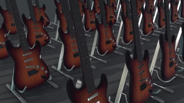 Um monte de guitarras elétricas em uma fileira 4k — Vídeo de Stock