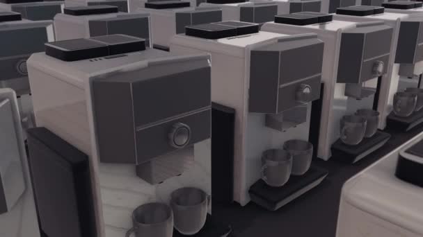 Um monte de máquinas de café em uma linha 4k — Vídeo de Stock