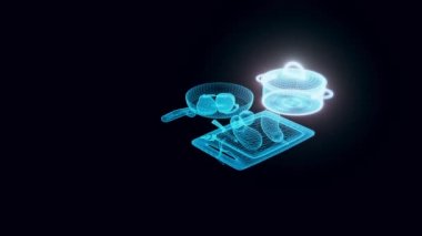 Mutfak gereçleri, tava ve çömlek hologramı döndürme 