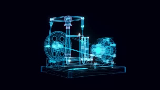 Motor de vapor con haz horizontal y holograma de bomba centrífuga giratorio — Vídeos de Stock