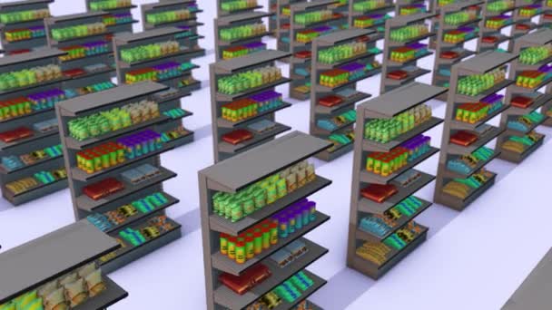 많은 슈퍼마켓 선반 스낵들이 줄지어 있습니다. — 비디오