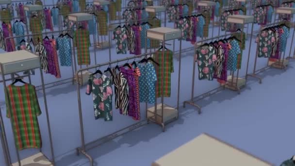En hel del marknaden rack kläder i rad — Stockvideo
