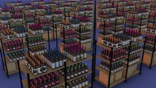 Muitos vinhos de prateleira de mercado em uma fileira — Vídeo de Stock