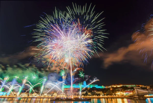 State Foundation Day fireworks 2022 20th August. Celebration fireworks over Danube river in Budapest, Hungary. Buda castle on the left side  Chain bridge on bottom and Hungarian parliament on right.