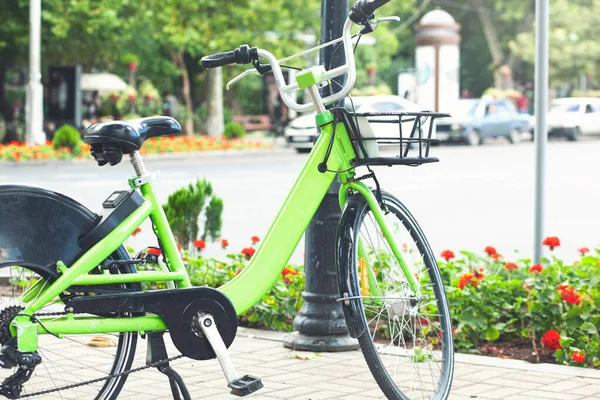 Grön Cykel Uthyres City Cykel För Uthyrning — Stockfoto