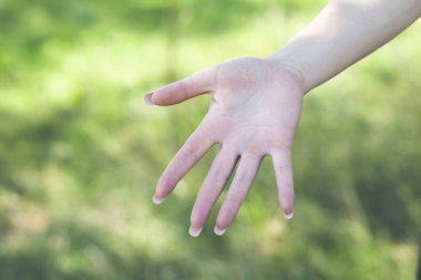 Kadın el işareti durdurma yeşil arka planda izole edildi