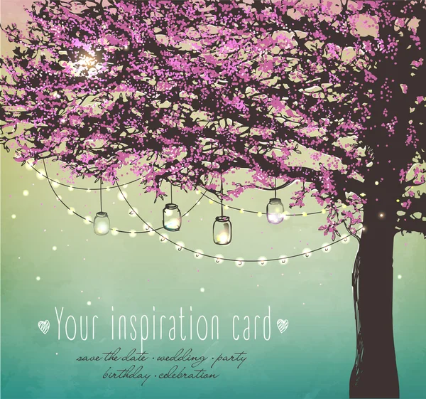 結婚式、日付、誕生日、紅茶、ガーデン パーティーのためのインスピレーション カード。パーティーのための装飾的なライトで美しいピンクの木 — ストックベクタ