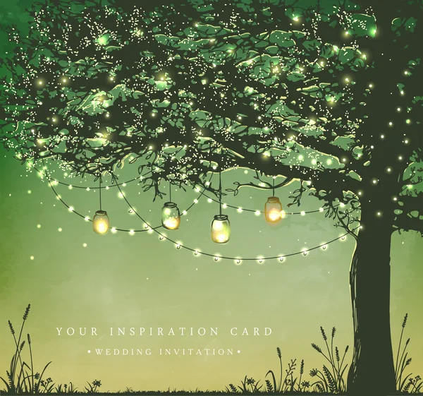 Tarjeta de inspiración para boda, fecha, cumpleaños, té y fiesta en el jardín. Luces decorativas de vacaciones — Vector de stock