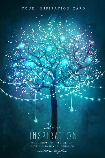 Carte d'inspiration pour mariage, date, anniversaire, tea party. Bel arbre magique avec des lumières décoratives pour la fête — Image vectorielle