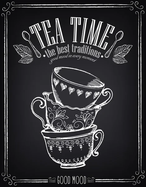 Illustrazione con le parole Tea Time con tazze. Disegno a mano libera con imitazione di schizzo di gesso — Vettoriale Stock