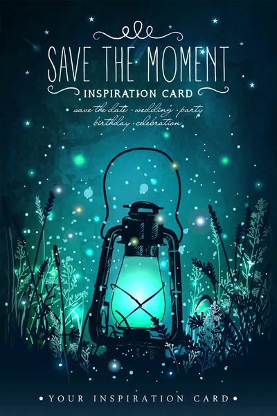 Amazing vintage lanten on grass with magical lights of fireflies at night sky background. Unusual vector illustration. Inspiration card for wedding, date, birthday, tea or garden party — Stock Vector