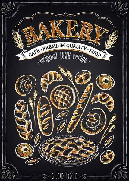 Affiche de boulangerie vintage avec pâtisserie. Dessin à main levée — Image vectorielle