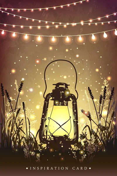 Amazing vintage lanten on grass with magical lights of fireflies at night sky background. Unusual vector illustration. Inspiration card for wedding, date, birthday, tea or garden party — Stock Vector