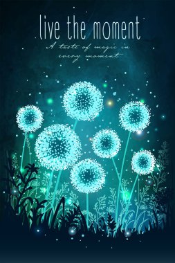 Amazing dandelions with magical lights of fireflies at night sky background. Unusual vector illustration. Inspiration card for wedding, date, birthday, holiday or garden party  clipart