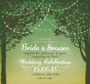 Düğün, tarihi, doğum günü, tatil ve Bahçe partisi ilham kartı. Dekoratif tatil ışıklar