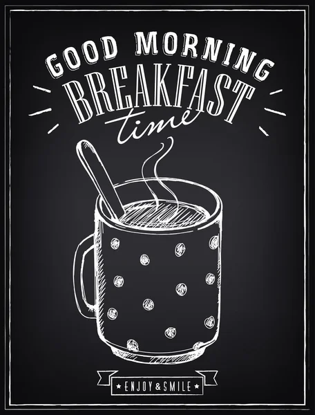 Poster vintage positivo con grande tazza di tè o caffè. Titolo Buongiorno. Prima colazione — Vettoriale Stock