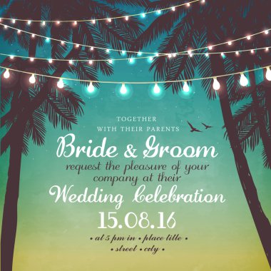 Düğün, tarihi, doğum günü, tatil ve plaj partisi için ilham kartı. Dekoratif tatil ışıklar