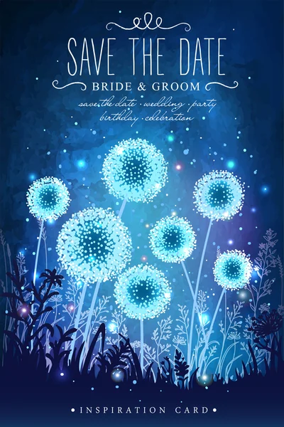 Dandelions incríveis com luzes mágicas de vaga-lumes no fundo do céu noturno. Cartão de inspiração para casamento, data, aniversário, feriado ou festa no jardim. Salvar a data — Vetor de Stock