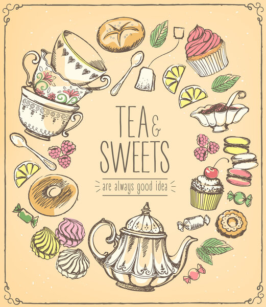 Векторная люстрация чайной церемонии. Пора пить чай. Чай и набор сладостей

