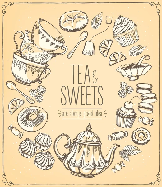 Llustration διάνυσμα τσάι τελετή. Τσάι του χρόνου. Τσάι και ποικιλία γλυκών — Διανυσματικό Αρχείο