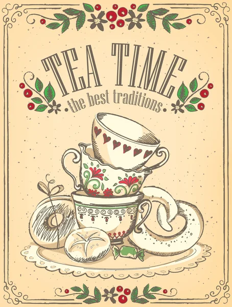 Illustration Tea Time com copos bonitos. Desenho à mão livre. Esboço — Vetor de Stock